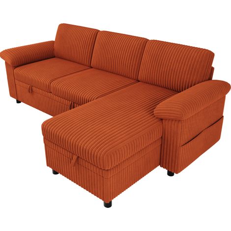 Divano angolare a L in tessuto a coste arancione con letto estraibile (1/5)