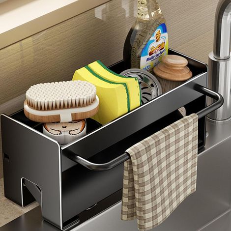 Égouttoir à vaisselle compact pour évier - Solution durable et élégante, plateau auto-égouttant avec porte-torchons (noir) (1/5)