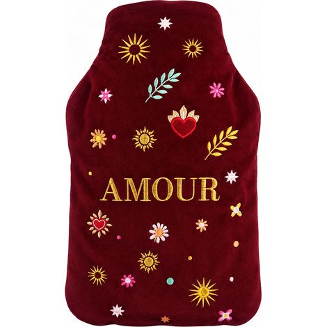 Bouillotte à eau velours brodé Amour bordeaux 27 cm (1/2)