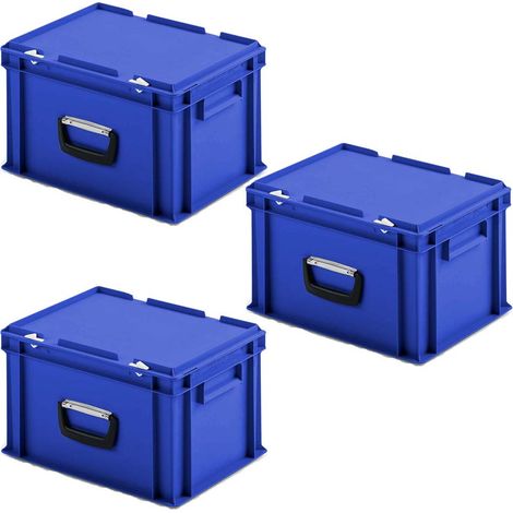 BRB Lot de 3 valises Euro avec 1 poignée de transport sur un côté longitudinal, 400 x 300 x 245 mm, bleu