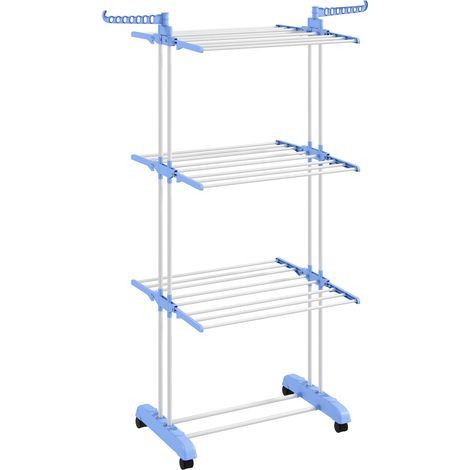 Séchoir linge sur roulettes bleu argent – Pliable ailes latérales, 73x64x177 cm – Étendoir (1/5)