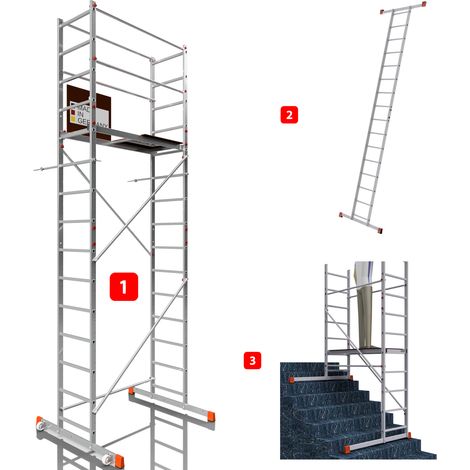 AluCombine 3.0 - 500, Arbeitshöhe 5m, Leiterngerüst mit Traverse, Wandanker & 2x Bockrollen (Ø80mm)