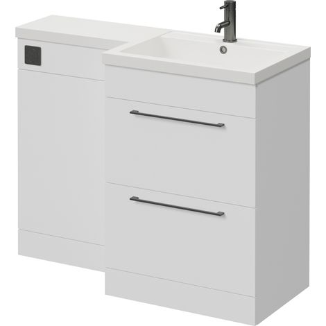 Napoli 460 Gloss White 1100mm 2 Drawer Vanity Unit Toilet Suite with Right Hand Square Lucia Basin - 1100mm - Gunmetal Grey 320mm HandleWithout Kingston Toilet Pan