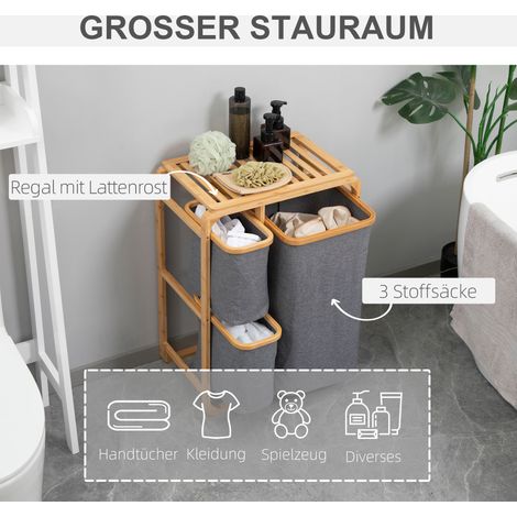 Panier à linge en bambou naturel avec 3 compartiments amovibles, dimensions 50x32x69,7 cm, gris (1/4)