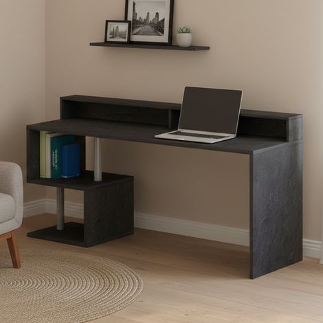 Dmora - Escritorio Serafino, Escritorio lineal con estantes de almacenamiento, Escritorio de oficina multiusos con tablero, 180x60h93 cm, Pizarra (1/5)