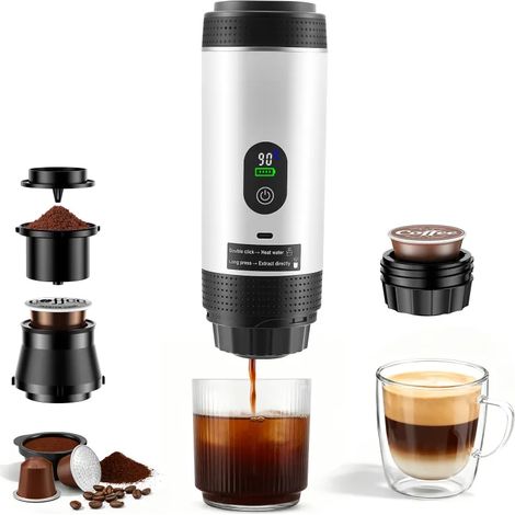 Machine à expresso portable 3 en 1 avec batterie, prise USB-C, compatible avec capsules et café moulu, idéale pour les camping-cars et le camping, blanche.