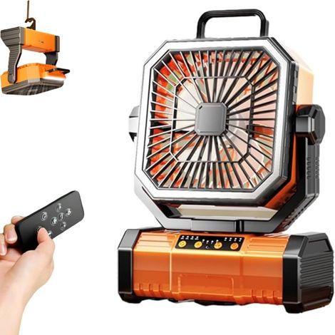 Ventilateur de camping portable avec télécommande, éclairage et crochet pour tente, batterie rechargeable, 4 vitesses, minuterie (orange) (1/5)