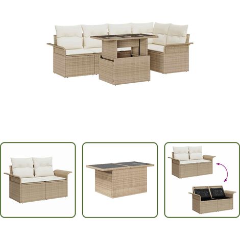 vidaXL Poly Rattan - Garten-Sofa-Set mit Kissen mit Speicher 6 pcs Beige Poly Rattan (1/5)