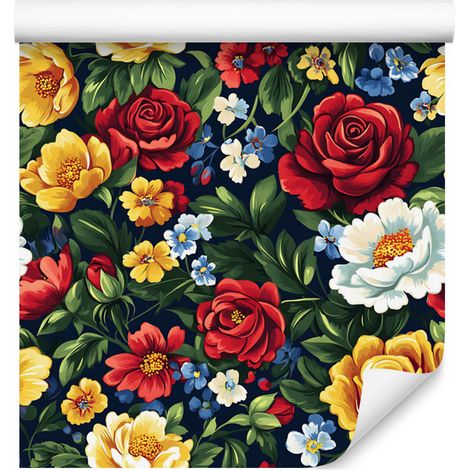 Papier peint à motifs floraux esthétiques, vert bouteille et rouge, 50 x 1000 cm (1/5)