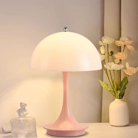 Lampe de table champignon, lampe de table de chevet à intensité variable 3 couleurs, lampe de table champignon à bouton tactile sans fil (rose) (1/4)