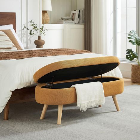Panca fondoletto contenitore, panca imbottita ovale moderna in ciniglia da 110 cm, per camera, corridoio o soggiorno - Arancione
