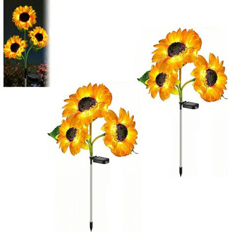 Lampes solaires de jardin : lot de 2 lampes LED d'extérieur avec 3 tournesols à têtes, étanches, jaune chaud, pour la décoration de votre jardin, terrasse ou porche. (1/5)