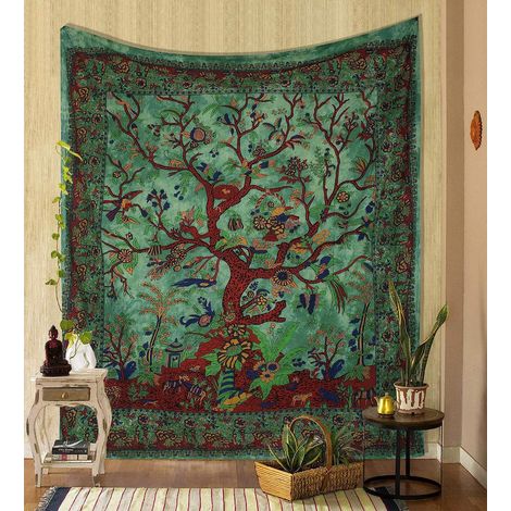 Tenture Arbre de Vie Vert Double 78,7x59 pouces, Coton Indien Psychédélique, Jeté de Lit, Nappe de Pique-Nique, Décoration Murale et Plafond, Art Bohème (1/5)