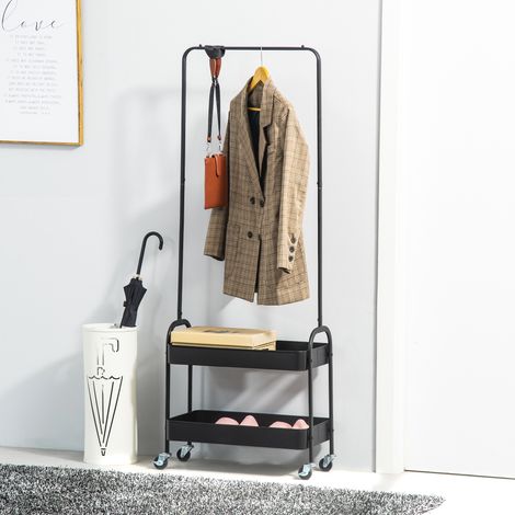 Porte-vêtements sur roues noir structure acier indépendante,combiné porte-linge et porte-chaussures. Capacité de charge 16 kg pour salon et chambre.
