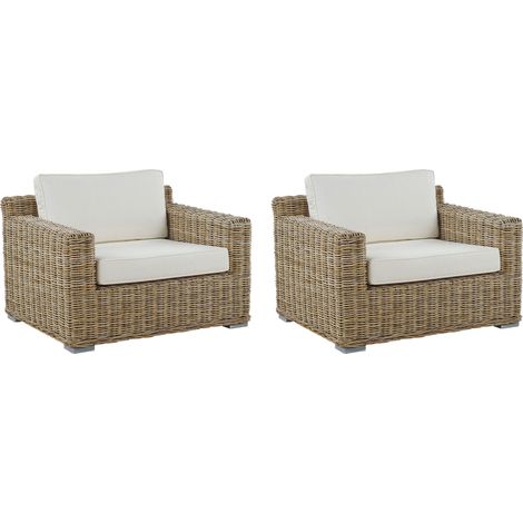 Conjunto de 2 sillones de ratán natural cojines blancos Ardea