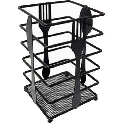 Porte-ustensiles de comptoir noir mat moderne et multifonctionnel en métal pour fourchettes, cuillères et ustensiles de cuisine, forme carrée (1/5)