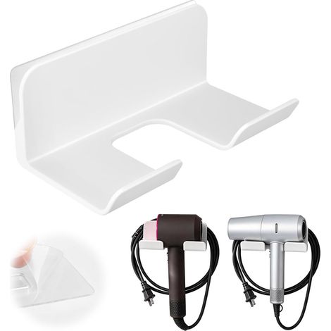 Support Sèche-cheveux - 1 Unité - Polycarbonate Blanc - Fixation Sans Perçage - Pour Salle De Bain Et Hôtel (1/5)