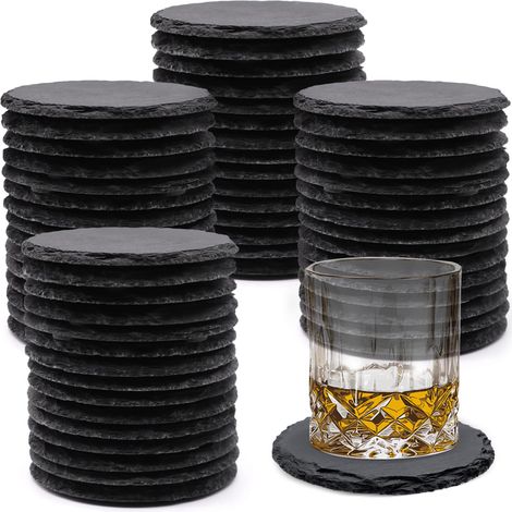Lot de 60 dessous de verre ronds en ardoise noire de 10,2 cm avec fond anti-rayures pour boisson, café, bar, cuisine, décoration d'intérieur (1/5)
