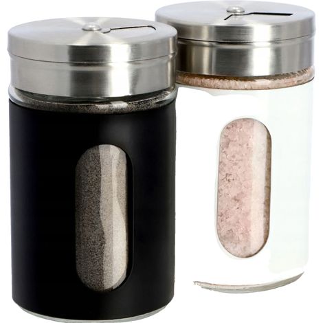 Salero y pimentero de acero inoxidable, capacidad de 90 ml, construcción duradera, conserva los sabores, se recomienda lavar a mano. (1/5)