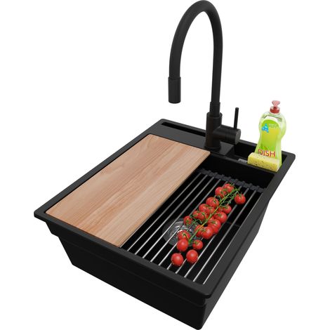 PRIMAGRAN Evier Cuisine en Granit 43x53cm, Lavabo 1 bac + Robinet 40x38cm + Kit de Vidage + Accessoires, Évier à Encastrer au meuble 45cm - Oslo Pocket, Noir (1/5)