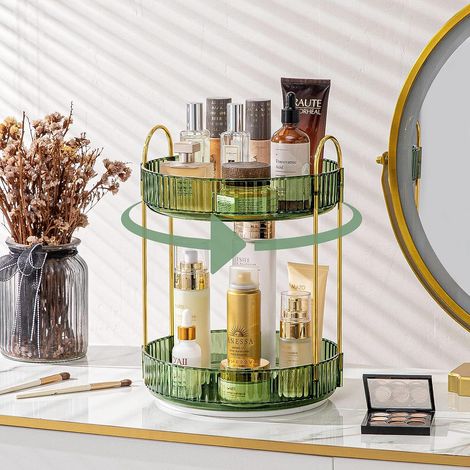 Organisateur De Maquillage Rotatif À 360 °, Organisateur De Salle De Bain, Cosmétique De Grande Capacité (2 Niveaux, Vert) (1/5)