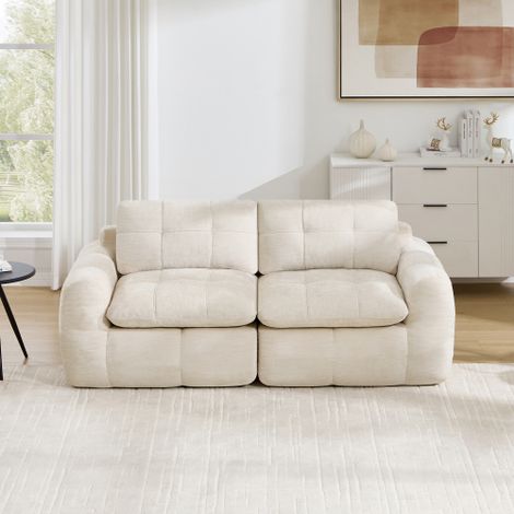 Canapé modulable 2 places, capitonnage carré, mousse haute densité 32D, chenille, assise profonde, style minimaliste, livré monté, pour appartement, salon et chambre, beige (1/5)