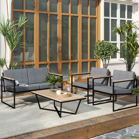 Ensemble de mobilier de jardin résistant aux intempéries pour 4 personnes, comprenant un canapé 2 places, 2 chaises, des coussins d'assise et une table d'appoint, gris.