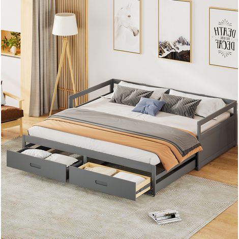 Okwish – Lit gigogne 90/180x200 cm – Canapé convertible en bois de pin gris – 2 tiroirs de rangement – Montage facile en 30 min (1/5)