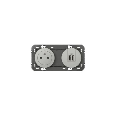 PRISE DE COURANT LEGRAND DOOXIE 2P+T SURFACE + MODULE DE CHARGE 2 USB TYPEA 3A PRÉCÂBLÉS FINITION ALUMINIUM LEG600442 (1/5)