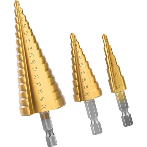 3-teiliges Pagodenbohrer-Set, Sechskantschaft, HSS-Stahl, rostfrei, Stufenbohrer für Gusseisen (1/5)