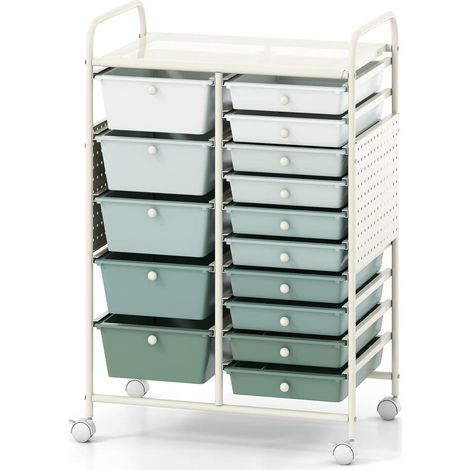 15 tiroirs, chariot de rangement à roulettes pour organisation, plateau en métal et panneau perforé vert (1/2)