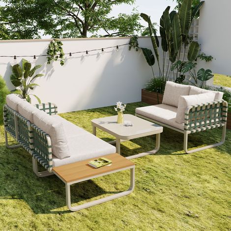 Salon de jardin 4–5 places : rotin cuir vert, moderne, tous coussins inclus, pour balcon, jardin, terrasse, abricot