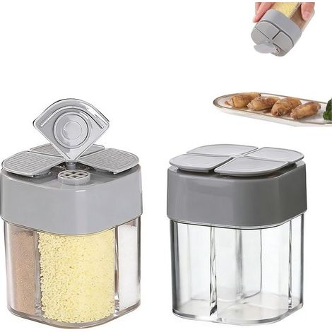 Set di contenitori per spezie 4 in 1, confezione da 2, grigio trasparente, barattolo multifunzionale con quattro scomparti per sale, pepe, erbe aromatiche e semi di sesamo. (1/5)