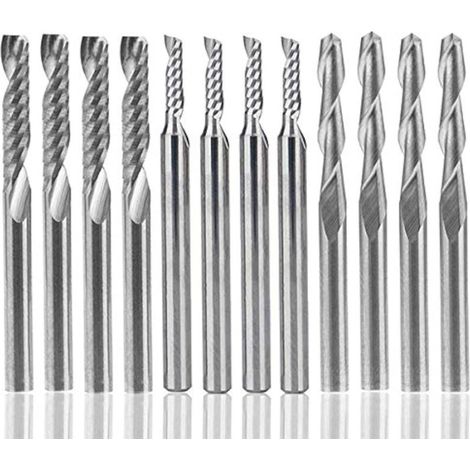Lntyq Fraise en carbure de tungstène 12 PCS, 4 PICS 1/8 "pour fraises CNC Outils à double cannelure + 8 fraises à 1 arête simple PCS (2 types) pour nylon, résine, ABS, acrylique, PVC, MDF, bois