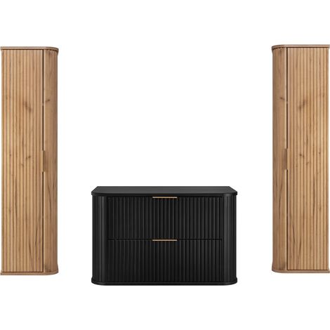 Ensemble meuble sous vasque NOIR 80 cm et deux colonnes CHÊNE CRAFT D'OR 35/139 cm à suspendre GLAMOUR (1/5)