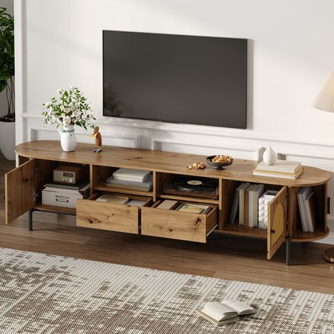 Mueble de TV ovalado de 200 cm con ratán, puertas correderas y cajones, MDF efecto madera natural (1/5)