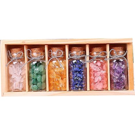 6-teiliges Set mit Edelsteinflaschen, Heilkristallen, getrommelten Edelsteinen, Reiki-, Wicca- und Hexenzubehör in einer Holzbox