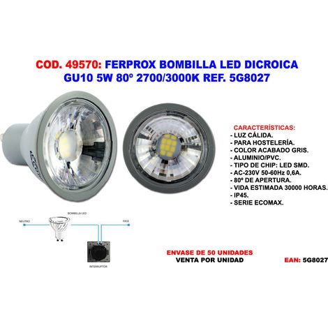 Lampadina led dicroica Ferprox gu10 5w 80° 2700k/3000k