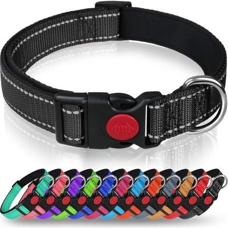 Dog Collar, Classic Adjustable Reflective Nylon Collar with Soft Padded Breathable Mesh for Large Dogs, L, Black- (1/2)