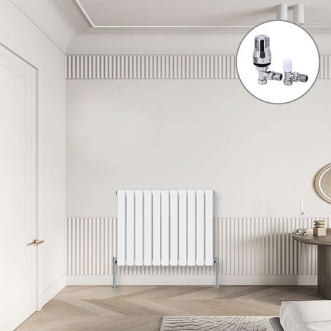 Flat Panel Designer Radiator White + Chrome Angled TRV Thermostatic Radiator Valves Horizontal 600x748mm Single