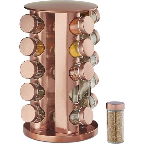 Tourniquet à épices, avec 20 pots, étagère rotative à 360°, inox, verre, présentoir, HxD 34 x 22 cm, cuivré (1/5)