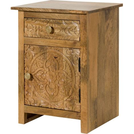 Comodino in legno di mango 45x40x60 con anta a destra / laccato naturale KASHMIR 205