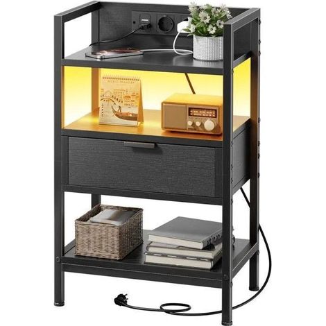 EcoFurnix LED Nightstand with Charging Station and Drawers, 3-Level Nightstand for the Bedroom, Black