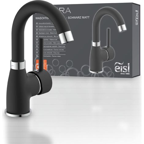EISL NI075FUTBCR Futura-Rubinetto per lavabo, con Funzione di Risparmio energetico, orientabile a 360°, Miscelatore monocomando Opaco/Cromato, Nero Matte (1/4)