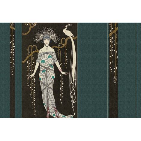 Papier peint panoramique à motif femme et oiseau Tapisserie panoramique bleue, noire et beige Papier peint panoramique japonais pour entrée (1/2)