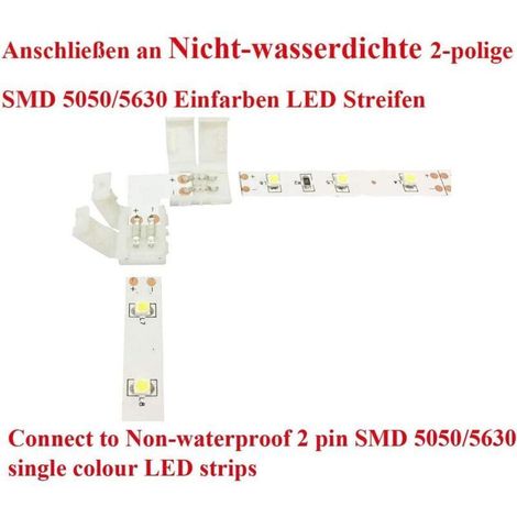 Conector LED en forma de L para tira de 10 mm – 10 unidades, sin soldadura, compatible con SMD 5050/5630, ángulo recto, monocromático.