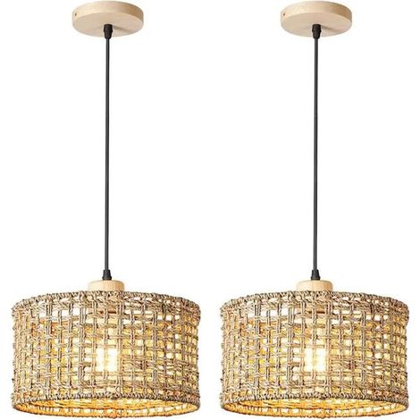 2x Suspension Luminaire Vintage Tissé Lustre Industriel en Rotin et Bois E27 Lampe de Plafond Style Bohème pour Salon Chambre (1/5)