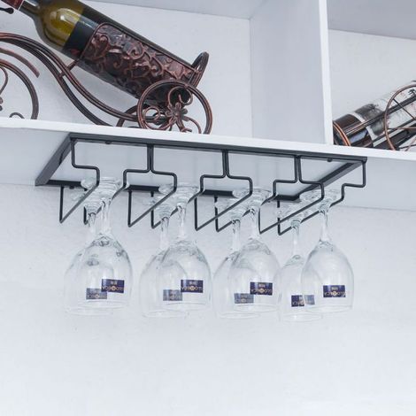 4fentes Porte-Verres bar noir brillant Rack étagère porte verre à vin Suspendu Cocktail bière Rail Support-Verre à supendre Cabinet (1/5)