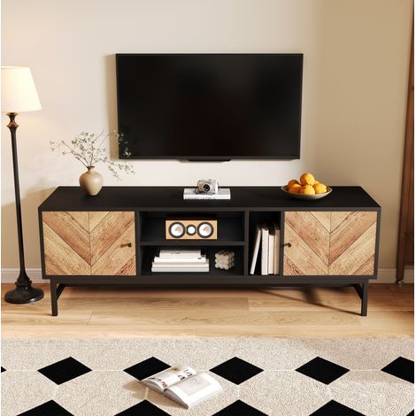 Mobile TV 150x38x55 cm nero e naturale in truciolare e ferro con 2 ante e 3 vani (1/5)