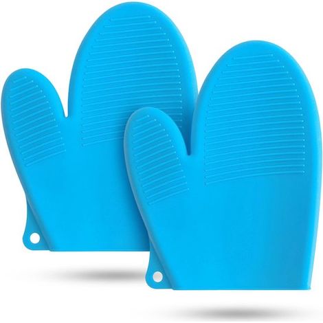 Topflappen Silikon 2er-Set Hitzebeständig Ofenhandschuhe Küchenhandschuhe Grillhandschuhe Hitzeschutzhandschuhe Rutschfestes Gummi Blau (1/5)